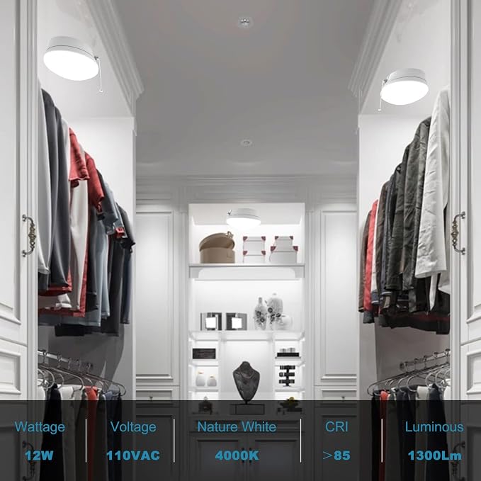 Lightdot 2 Pack 7” Modern LED Ceiling Light with Pull Chain 12W 4000K, 1300lm, 125W E26 Bulb Replacement, Energy Saving Flush Mount Lighting for Closets/Bedroom/Corridor