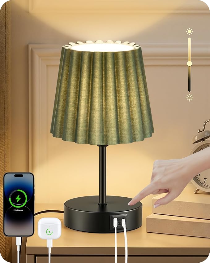 Small Bedside Table Lamp, Touch Dimmable Table Lamp with USB Ports, Nightstand Lamp with a Stepless Dimming LED Bulb, E26 Base, for Bedroom, Study, Desk, Black and Green J16TL05