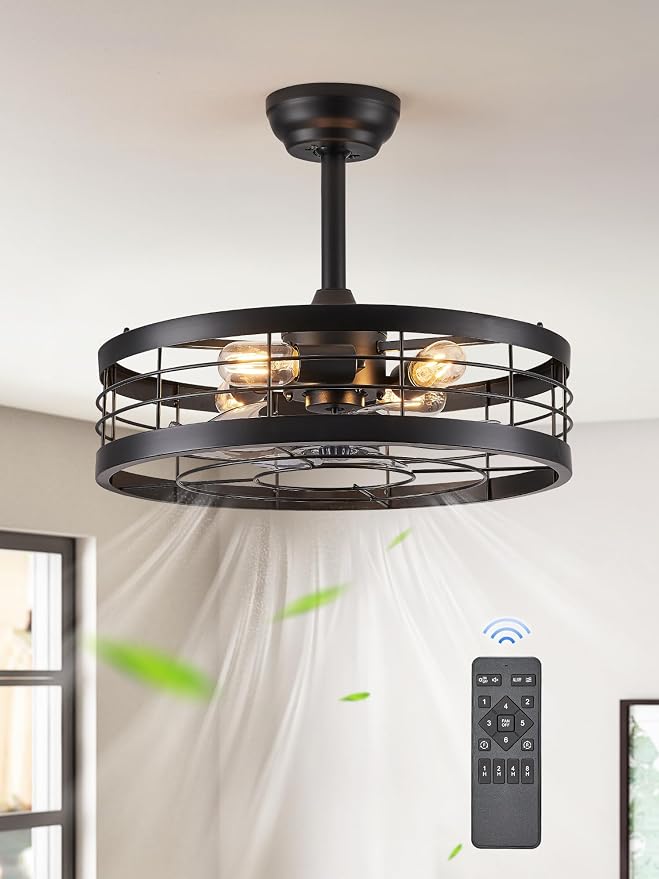 LEDIARY 20 inch Fandelier Caged Ceiling Fan with Light and Remote, Black | 6 Speed Adjustable,Timing, Quiet & Powerful DC, Small, Farmhouse, Industrial, Enclosed, Bladeless, Bedroom, Kitchen, Downrod