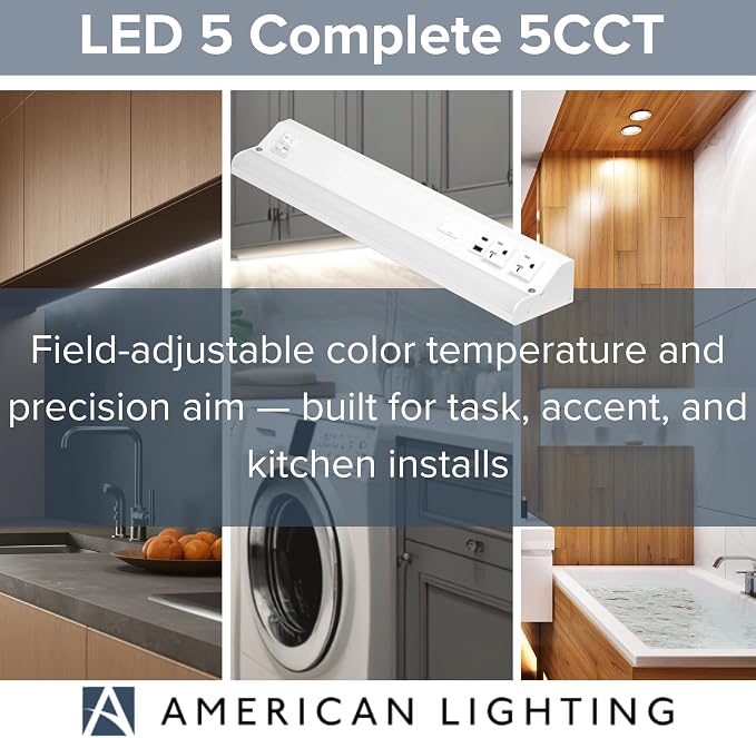 American Lighting LED Courant Plus Undercabinet Light 18 Inch White | 5CCT, 90+ CRI, 1000 Lumens, USB-A USB-C and 20A Receptacles, Title 24 Compliant