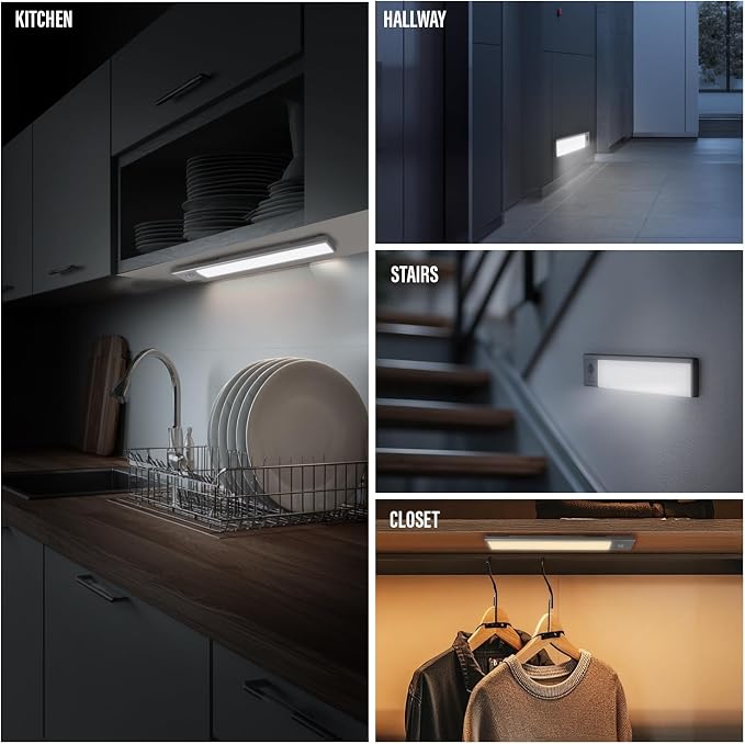 2 Pack Under Cabinet Lighting, 3 Colors & Dimmable Motion Sensor Light Indoor, 900mAh Rechargeable Under Cabinet Lighting Magnetic for Kitchen, Stairs, Closets, Silver(Aluminum Alloy+ABS +PC)