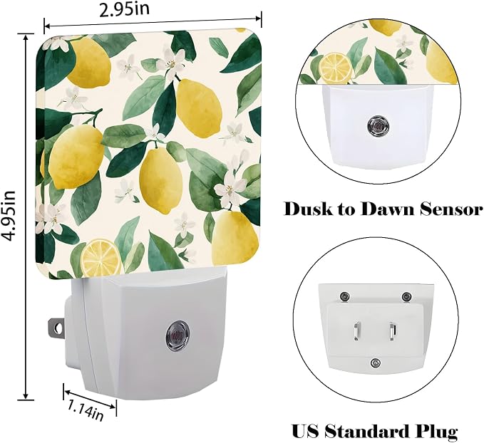 Lemon with Flowers Night Light,Plug-in Nightlights Auto Sensor Night Lamp Dusk-to-Dawn Lamp Home Decor for Nursery Children Girls Boys