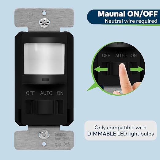 TOPGREENER in Wall PIR Motion Sensor Light Switch, Need Neutral Wire, 1Pack | Single Pole Occupancy Sensor Switch, On/Off Override, 4A, 500W, Motion-Activated Switch,Wall Plate Included,UL-listed, Black