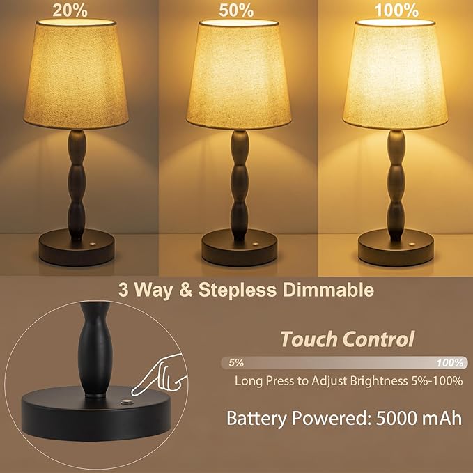 Rechargeable Cordless Table Lamp, 5000mAh Battery Powered Touch Desk Lamp, 3-Level & Stepless Dimmable Night Light, Portable Bedside Lamp for Bedroom, Outdoor, Bulb Included, Black