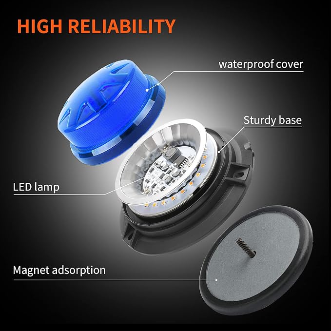 Blue Led Emergency Strobe Beacon Lights for Car Vehicles 12V 24V 24-LEDs | Magnetic Mount, 8 Flash Model, Warning Safety Flashing, Rooftop Signal Lamp for Forklife Construction Truck Tractor Golf SUV