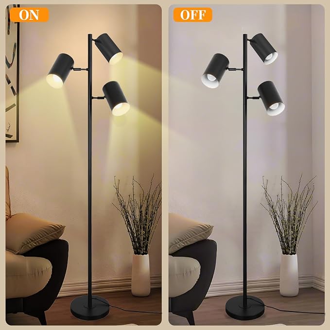 Tree Floor Lamp with 3 Light Bulbs,Black Standing Tall Pole Lamp with 3 Adjustable Rotating Lights,Farmhouse Floor Lamp for Living Room Bedroom Office,Vintage Standing Lamp 9W E26 LED Bulbs Included.