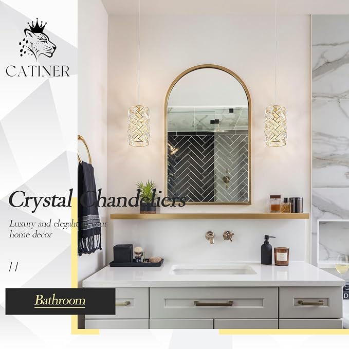 CATINER Gold Crystal Pendant Light, Mini Crystal Chandelier, Kitchen Island | Gold crystal pendant light with adjustable cord, E26 socket, dimmable, ideal for kitchen islands, bedrooms and bars