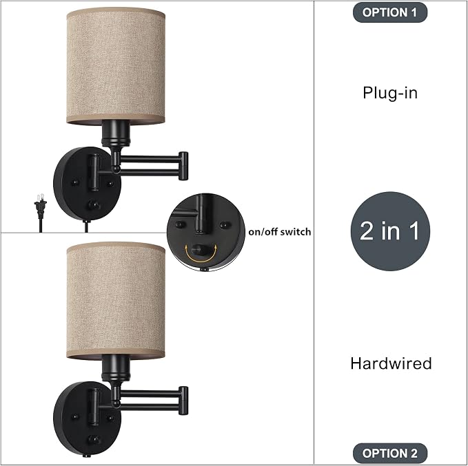 CADUKE Wall Lamps Plug in, Swing Arm Wall Sconce Set of 2 | Light Brown Lampshade, Modern Bedroom Wall Lights Fixtures, Bedside Wall Reading Lights