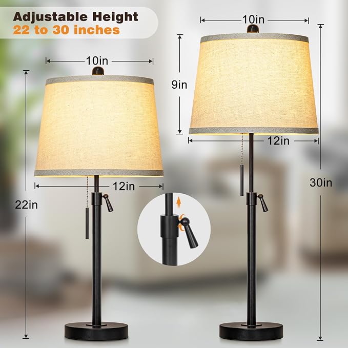 Black Bedside Lamp Tall Table Lamp 22" to 30" Adjustable Height 3 Brightness Way Nightstand with Beige Linen Shade Pull Chain Pole Lights for Living Room Guest Bedroom End Table(Bulb Included, Single)