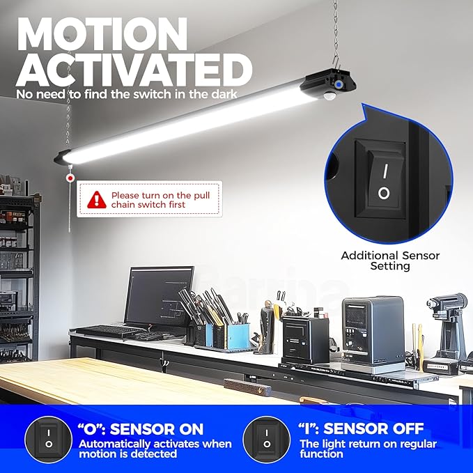 Barrina BS84 Motion Sensor LED Shop Light for Workshop 4FT, Garage Lights Plug in Fixtures, 84W, 5000K, 10000LM Motion Activated, Linkable & Hanging or Flush Mount, 4 Packs