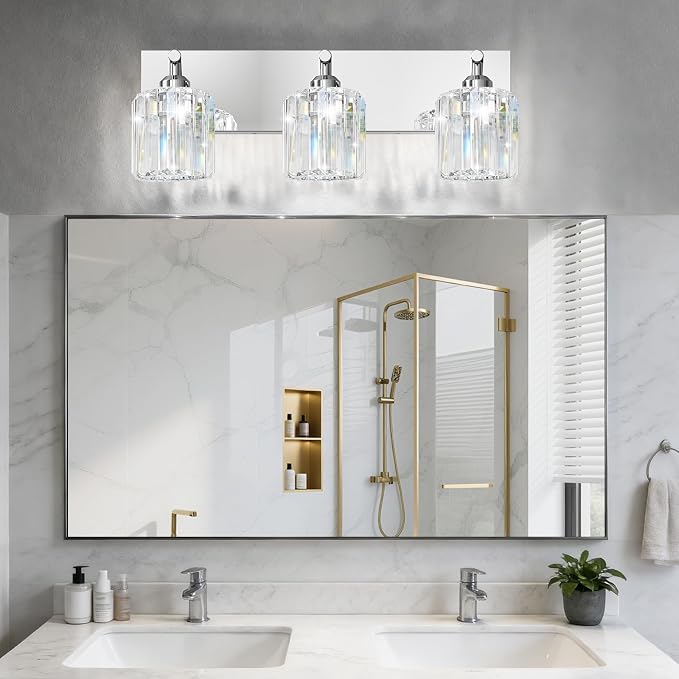 Brushed Chrome Crystal Bathroom Vanity Light, 3-Light Modern Bathroom Lighting Fixtures Over Mirror,Chrome Wall Sconce Light Fixtures with Round Shade