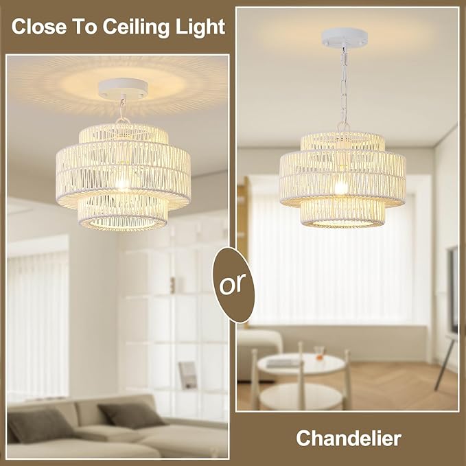 12.4" Large Boho Rattan Farmhouse Chandeliers for Dining Room, Rattan Hand-Woven Rustic Drum Chandelier Pendant Light Fixture for Kitchen Island Bedroom Living Room Entryway Foyer(White)