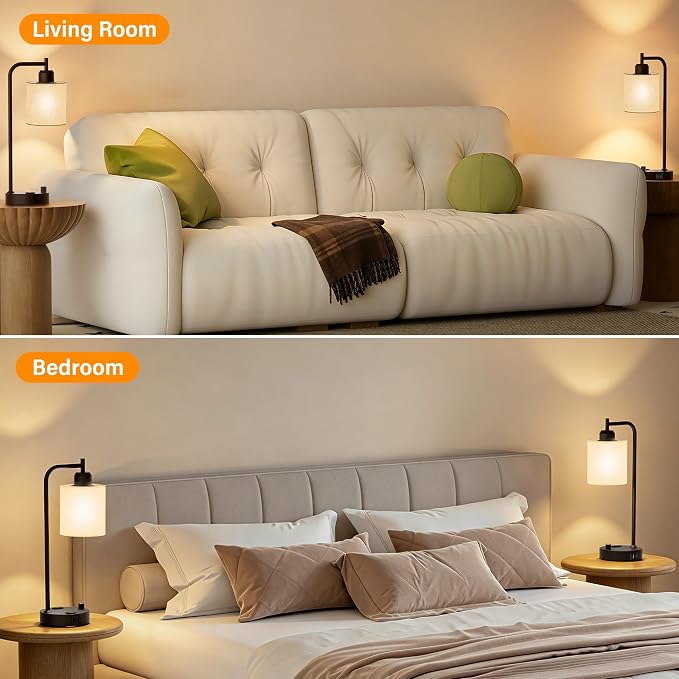 Industrial Table Lamps with Linen Shade, Set of 2 Fully Dimmable Bedside Lamps with USB A+C Ports and Outlet, Brown Nightstand Desk Lamps for Bedrooms Living Room Office, 2 LED Bulbs Included