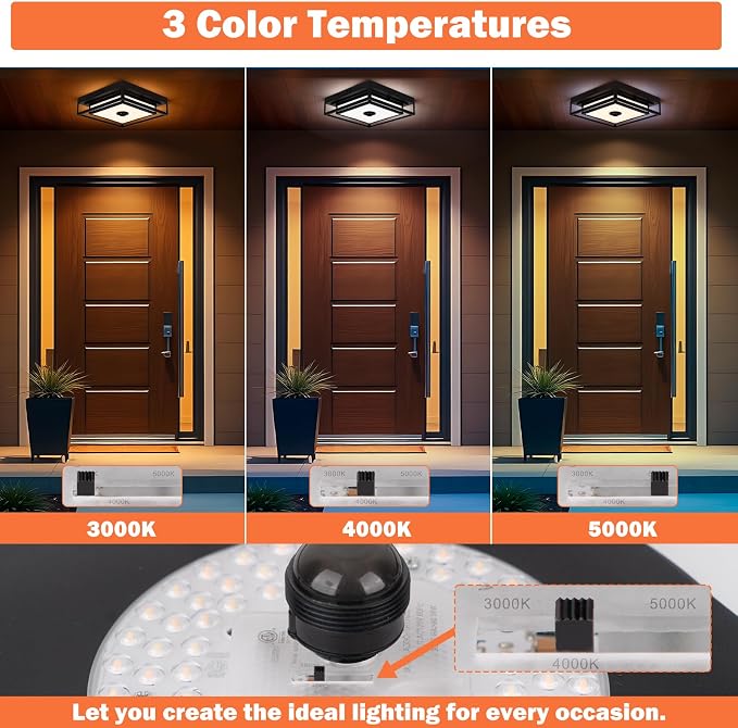 Motion Sensor Outdoor Ceiling Light LED Flush Mount Porch Ceiling Lights | 10.5" Square Dusk to Dawn Exterior Light Fixture, Modern Black Front Porch Ceiling Light, Patio Ceiling Lights Waterproof