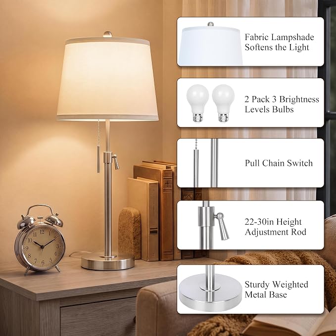 Brushed Nickel Modern Table Lamps Set of 2 Adjustable Height 22" to 30" Silver Nightstand with White Linen Shade 3 Brightness Way Pull Chain Switch Bedside Lamps for Living Room Office(Bulbs Included)