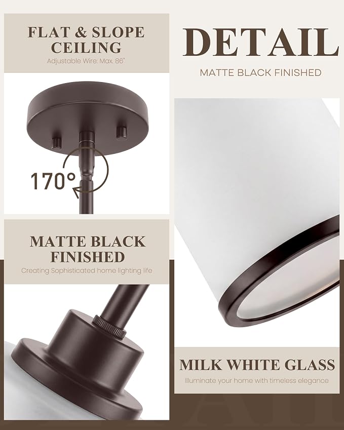 Beionxii 2Pack Pendant Light Fixtures,Milk Glass Pendants Oil Rubbed Bronze | Farmhouse Pendant Lighting, Hanging Pendant Light with Rods for Kitchen Island Dining Room Bedroom Entryway, BX-PL02ORB+R