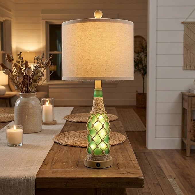 23'' Boho Table Lamps with Night Light for Living Room, Bedside Lamps Set of 2 with A+C Charging Ports for Bedroom, Farmhouse USB Lamps for Nightstand Console, Glass Bottle Rope Base, Green