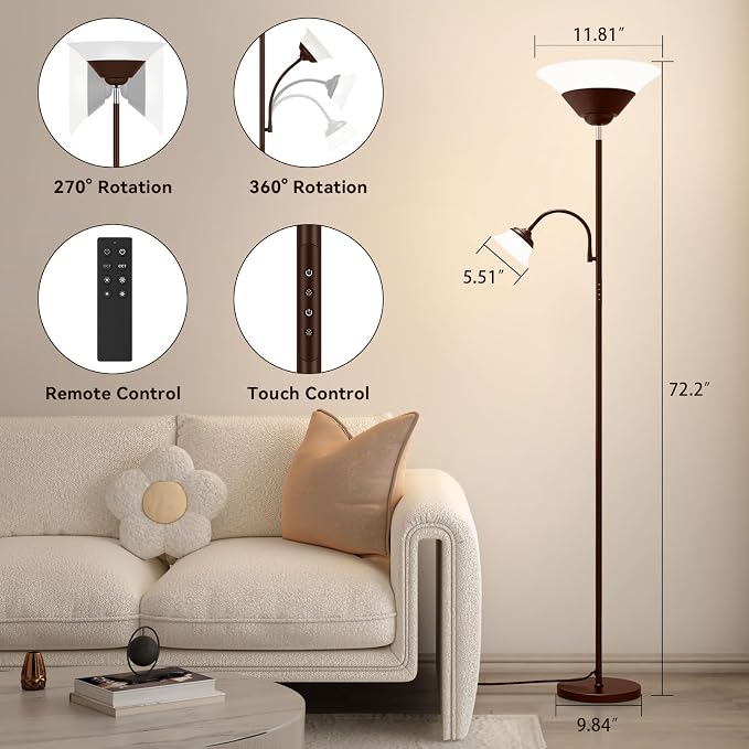 2-in-1 Torchiere Floor Lamp, 34W Super Bright LED Standing Lamp with Remote & Touch Control, 72" Dimmable Adjustable Corner Reading Lamp for Living Room, Bedroom, Office, Brown