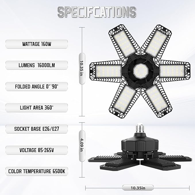 Garage Light 4 Pack 160W, 16000LM LED Lights for Garage with 6+1 Deformable Panels 6500K Screw in LED Shop Lighting for Workshop, Basement Support E26/E27