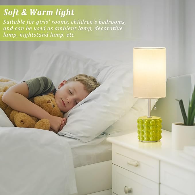 GyroVu Ceramic Small Table Lamp Set of 2, Adjustable Color Temperature Bedside Nightstand Lamps with Pull Chain for Bedroom Living Room Reading, Green, 2 Bulbs