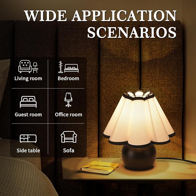 Matte Black Small Bedside Mini Table Lamp for Bedroom, Cute Bedroom Lamps for Nightstand, Cute Mini Table Lamps for Small Spaces with Scalloped Shade for Kitchen Counter, Bookshelf, Kids Dorm, Office