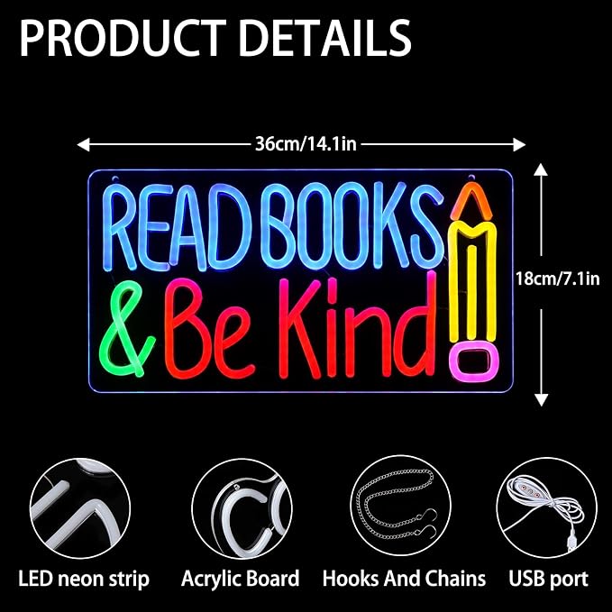 Read Books And Be Kind Neon Sign for Wall Decor Colorful Read Books Neon Light Dimmable Classroom LED Light up Signs for Study Room Bookstore Bedroom Classroom Library Decor