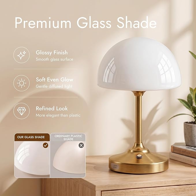 Table Lamp Cordless Lamp,5000mAh Rechargeble Battery Operated Lamp | Small Bedside Desk Lamp 11.02" with Glass Shade 3-Way Dimmable Portable LED Table Light,for Outdoor,Dinner,Patio(Gold)