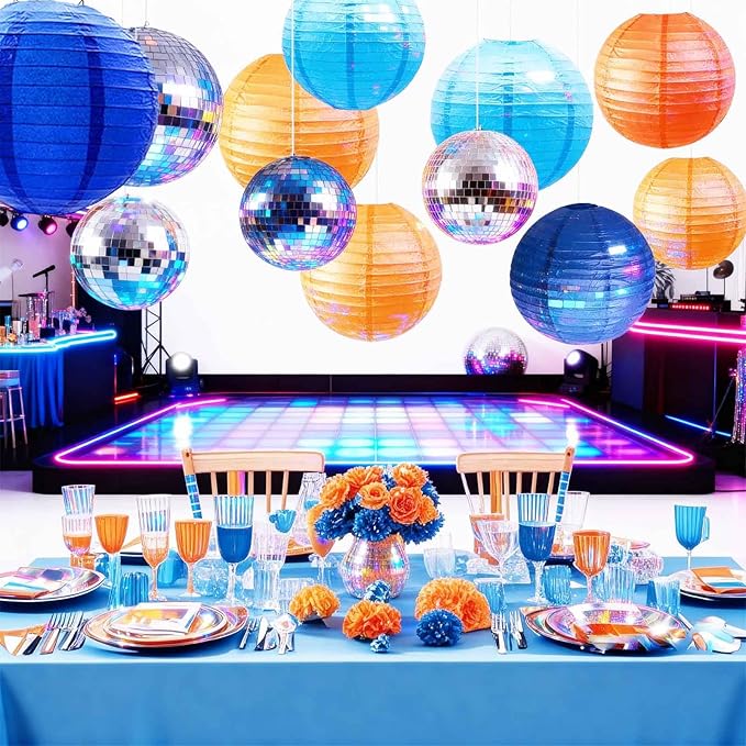 Blue Orange and Navy Blue Paper Lanterns 12Pcs Hanging Round Paper Lanterns Decorative for Graduation Baby Shower Wedding Birthday Family Parties ﻿