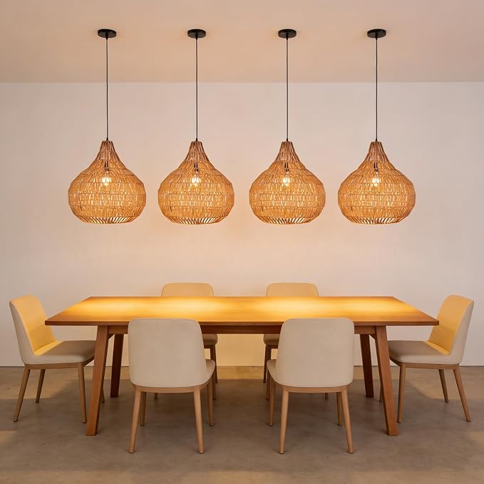 Pendant Light Fixtures Black Boho Chandelier 15.7-inch Rattan Shade Dome Light Fixtures Mid Century Farmhouse Pendant Lamps for Dining Room Kitchen Island Over Table, 1-Light