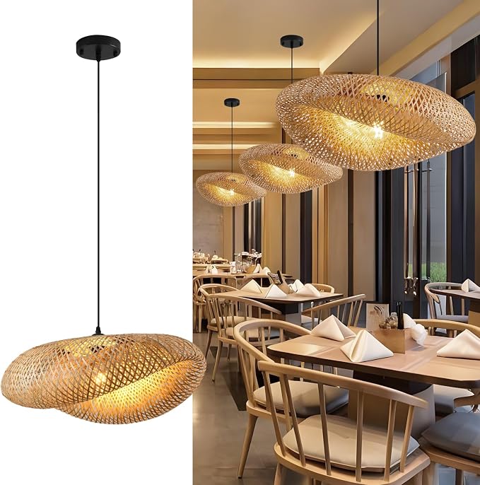 23.6" Bamboo Pendant Light,Rattan Chadelier | Hand Woven Bamboo Chandelier,23.6" Boho Wicker Hanging Light for Kitchen Island Dining Bedroom Living Room Restaurant