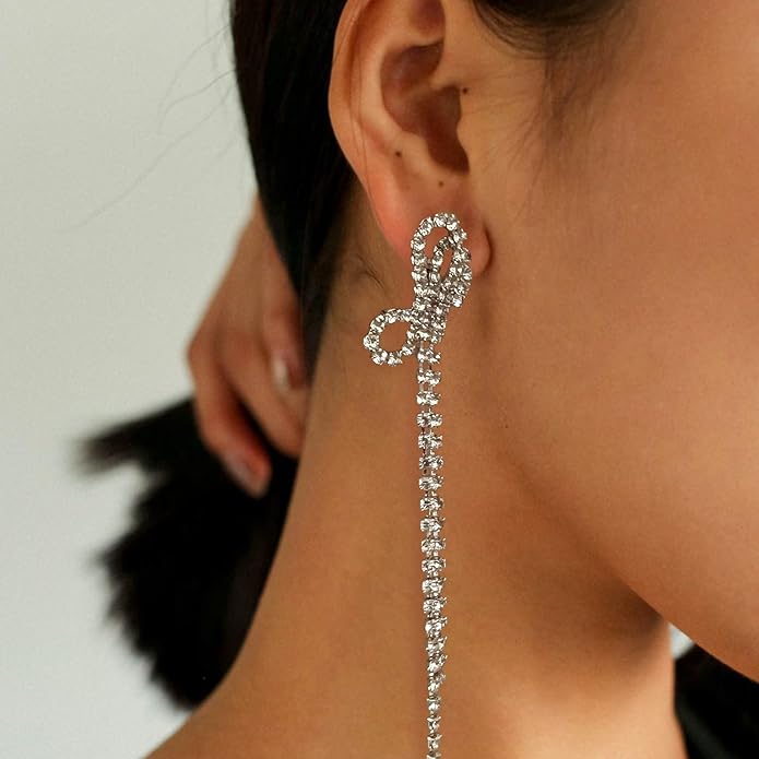 Luxval Rhinestone Earrings Dangling for Women Sparkly Silver Dangle Earrings Girls Long Chandelier Earrings Tassel Lightweight Ear Studs Cubic Zirconia Crystal Statement