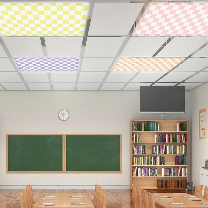 6 Pcs 4 x 2 Feet Fluorescent Light Covers Pastel Checkers Magnetic Light Cover for Ceiling Lights with 60 Magnets Decorative Magnetic Filters for Home Classroom Office Kitchen Decoration