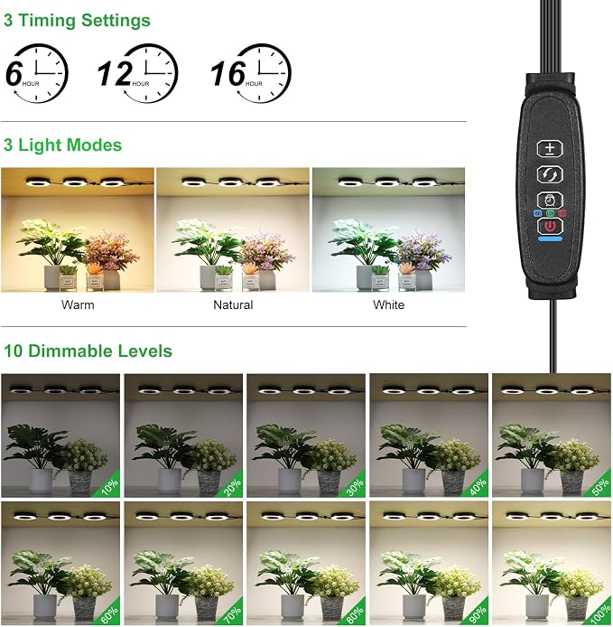 Full Spectrum Grow Light for Indoor Plants, Warm White 3 Head Black Angel Ring Ceiling and Under Cabinet Plant Lamp with 6/12/16H Timer, 10 Dimmable Levels and 3 Modes