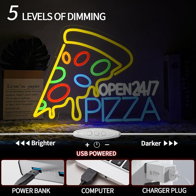 Pizza Open 24/7 Neon Sign Dimmable Food Neon Light Sign for Wall Decor Snacks Led Signs for Business Pizzeria Kitchen Restaurant Fast Food Store Dinning Room Bar Party Decor 16.5" x 12.6"