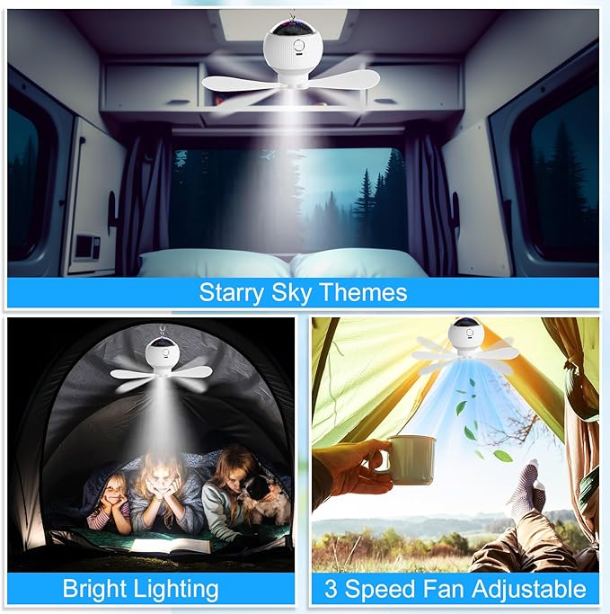 2 Sets Camping Fan with Star Projector 3 in 1 Rechargeable Ceiling Fan with LED Lantern Portable Tent Fans for Camping Hanging with Remote Control Outdoor Camping RV Essentials Indoor Decor