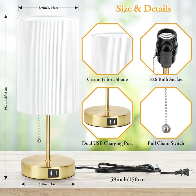 2 Sets Table Lamps with 2 USB, Minimalist Beside Lamps for Bedroom, Nightstand Lamp with Pull Chain, Desk Lamps with White Pleated Shade and Gold Metal Base for Living Room Dorm Reading Hotel