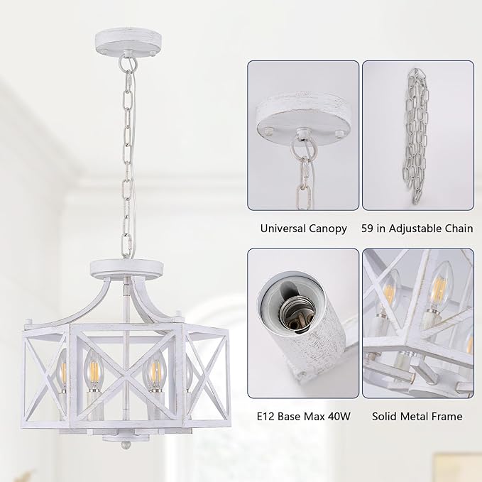 6-Light Antique White Pendant Light, Modern Farmhouse Chandeliers for Dining Room, Adjustable Hexagonal Metal Hanging Light, Vintage Geometric Pendant Lighting for Kitchen Island Entryway Foyer