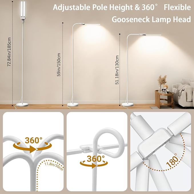 LED Floor Lamp, 24W Dual Head Dimmable Standing Lamp with Remote & Touch Control, Adjustable Gooseneck, 3000K-6500K Modern Reading Lamp for Living Room, Bedroom, Office & Crafts