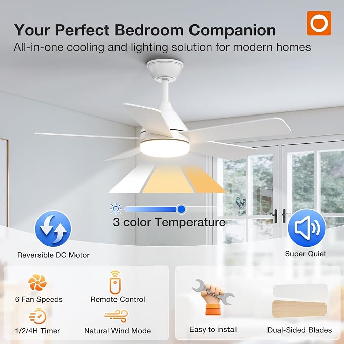 addlon 42 Inch White Ceiling Fans with Lights and Remote | Reversible DC motor, 6-speed, Timer, 3CCT Dimmable, Quiet, Small Ceiling Fan for Bedroom, Living Room, Indoor/Outdoor Use