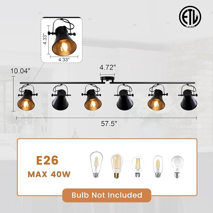 57" Black Track Lighting Fixtures Ceiling 6 Light Rustic Track Light | Farmhouse Track Light for Kitchen Bar Closet Living Room Spotlight,Directional 270°Rotatable Light Head