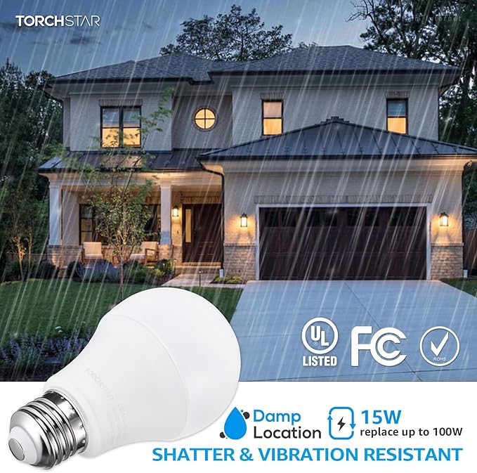 TORCHSTAR 1700LM Universal Garage Door Opener LED Light Bulb, UL FCC DOE, 15W Ultra Bright, Minimize Interference, 100W Eqv. 120V, A19 Bulbs, E26 Base, 3000K Warm White, Pack of 2