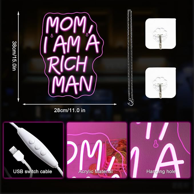 Lucunstar Mom I Am A Rich Man Neon Sign Pink Neon Signs for Wall Decor Pink LED Light for Bedroom Decor USB Connectivity Led Neon Signs for Home Boys Room Man Cave Gifts for Teens