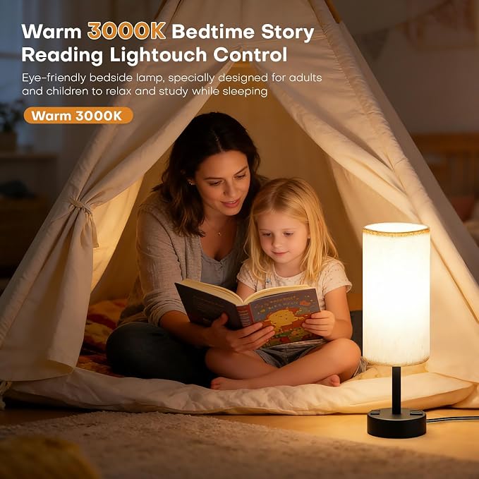 MOICO Bedside Lamp with 2 USB Ports and 1 AC Outlet, Table Lamp with Grey Linen Fabric Shade and Stable Metal Base, Nightstand Lamp for Bedrooms, Living Room, Kids Room, Dorm, Office