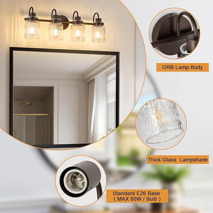 4 Lights Hammered Glass Bathroom Vanity Light, Oil Rubbed Bronze | Easy Installation,Up or Down,Farmhouse Modern Style,E26 Socket,ETL Certification