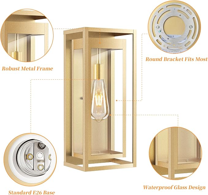 19" Large Outdoor Wall Light Fixtures, Gold Porch Light, 2 Pack | Large Size, Anti-Rust, Waterproof, Tempered Glass, Easy Installation, Modern Exterior Sconces for House Garage