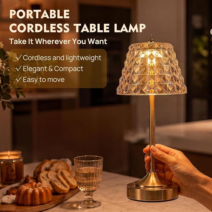 Flower Battery Operated Rechargeable Lamp Cordless, Rhombic, Amber | Small, Vintage, Gold, Wireless, LED, Dimmable, Table, Home Decor, Bedroom, Bedside, Nightstand, Birthday Gifts for Women