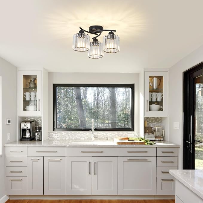 Crystal Semi Flush Mount Ceiling Light,3-Light Black Close to Ceiling Light Fixtures,Kitchen Light Fixture with Clear Crystal Shades,Hallway Light Fixtures for Kitchen Entryway Bedroom Bathroom