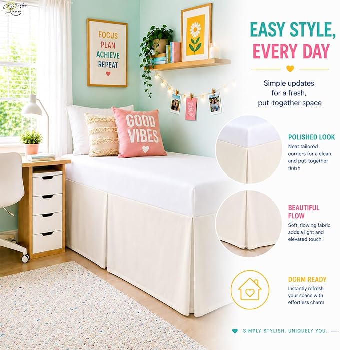 Cottington Lane Tailored Box Pleated College Dorm Bed Skirt Twin XL, Hotel Quality Premium Brushed Microfiber Extra Long Bedskirt Twin XL 42 Inch Drop, Ivory Dorm Bedding
