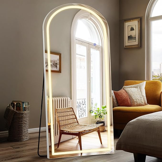 DUMOS Arched LED Mirror Full Length Standing, 26"x70" Full Body Wall Mirror | LED Lights 3 Color Lighting and Shatterproof Tempered Glass, Wall Hanging or Leaning, Floor Standing, Modern Home Decor