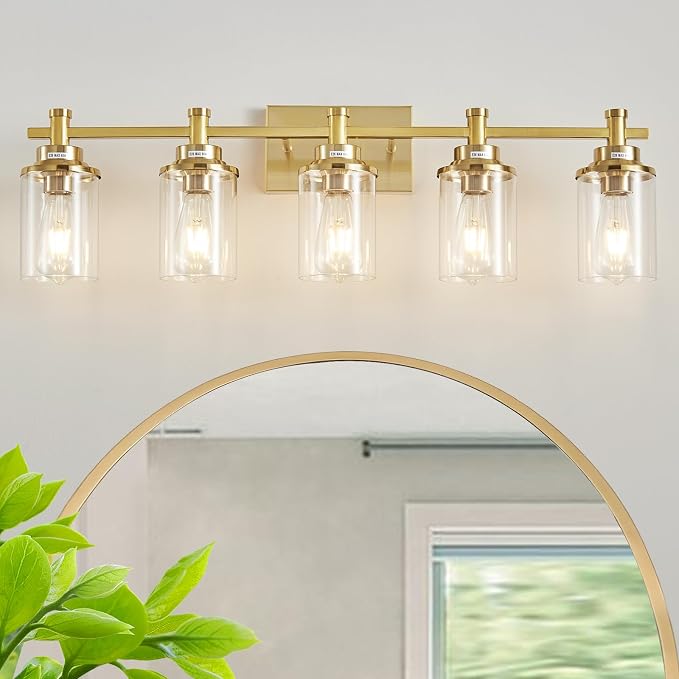 5-Light Modern Vanity Lights Over Mirror, Brushed Brass Bathroom Sconce with Clear Glass Shade
